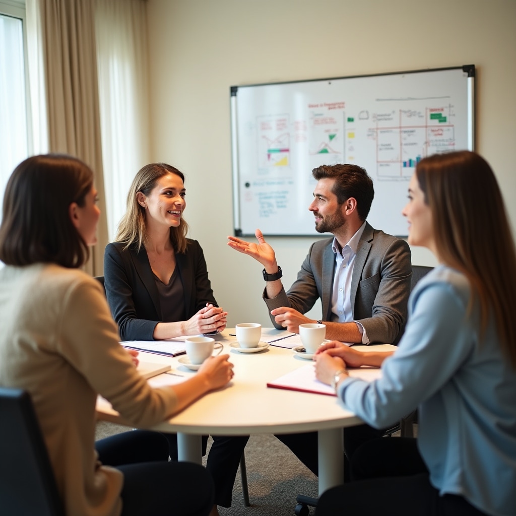 Group discussion on behavioral finance concepts in a modern meeting room