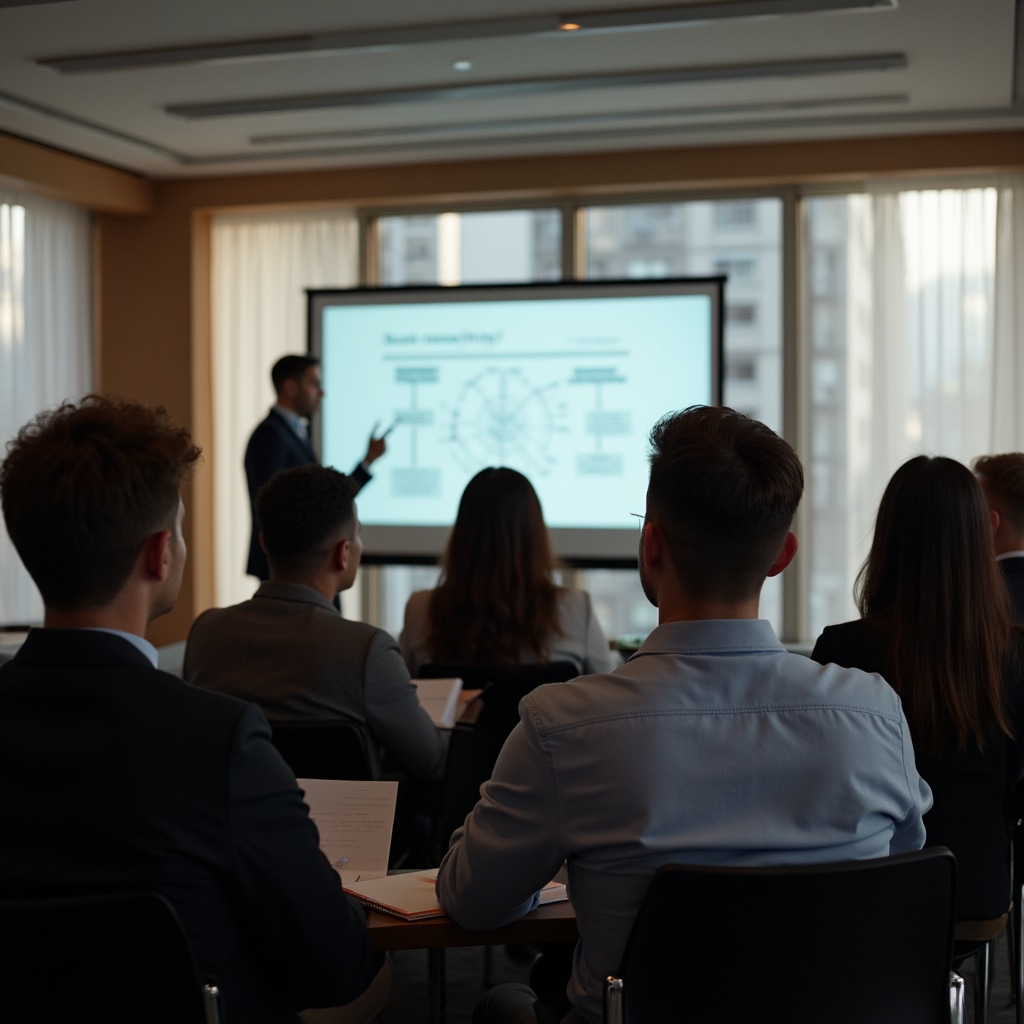 Engaged online webinar participants in a modern meeting room watching a presentation