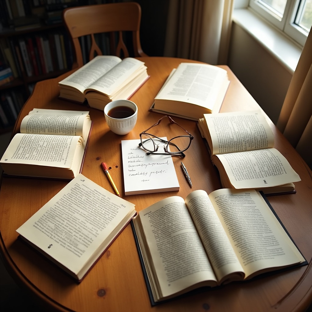 Research materials and behavioral economics books spread on a desk in a quiet study
